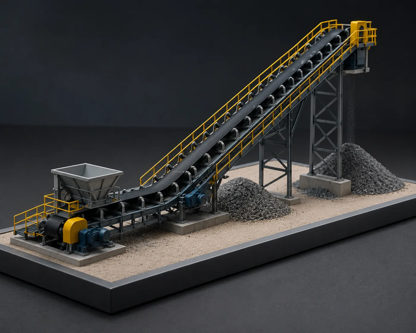 3D printed inclined conveyor scale model with yellow safety railings