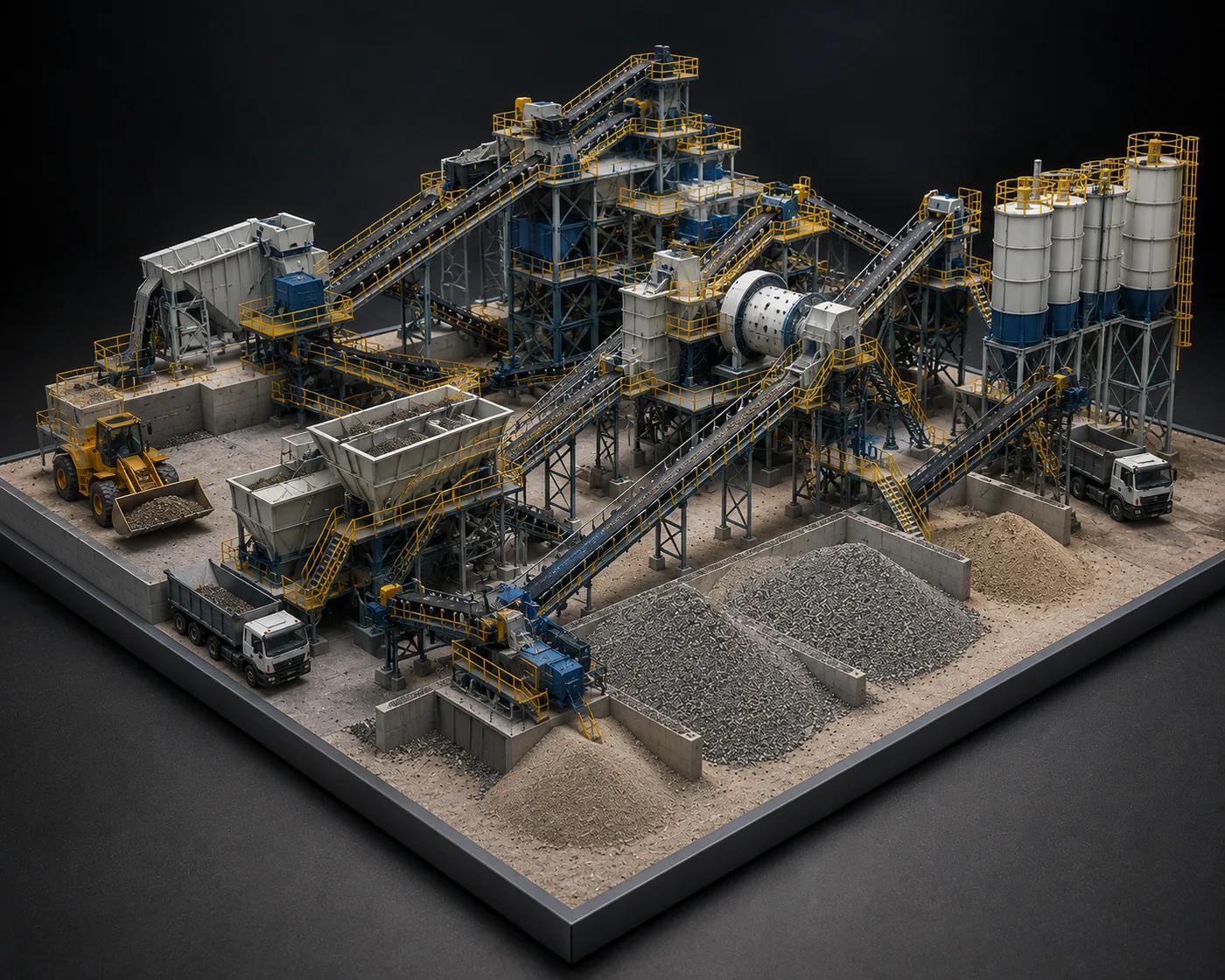 3D printed scale model of a full crushing and screening plant with silos and conveyors
